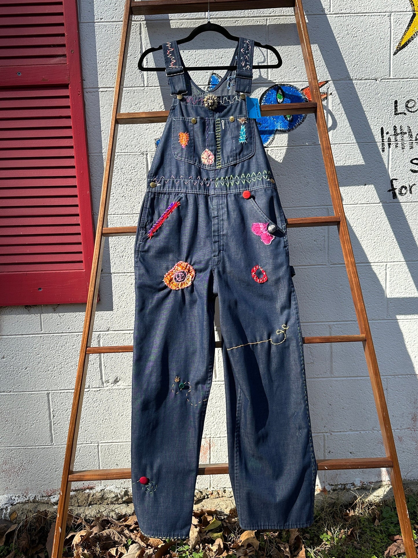 Tripp's Store : Bespoke medium wash Vintage One of a kind Overalls // Unisex XL 32"x29" // Embroidered patchwork y2k boho Bib Overalls