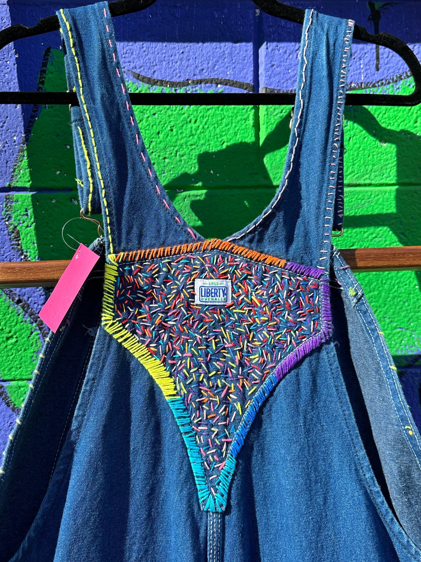 Tripp's Store : Bespoke denim bib overalls // Boho embroidered // 40" X 27" // Colorful one of kind overalls