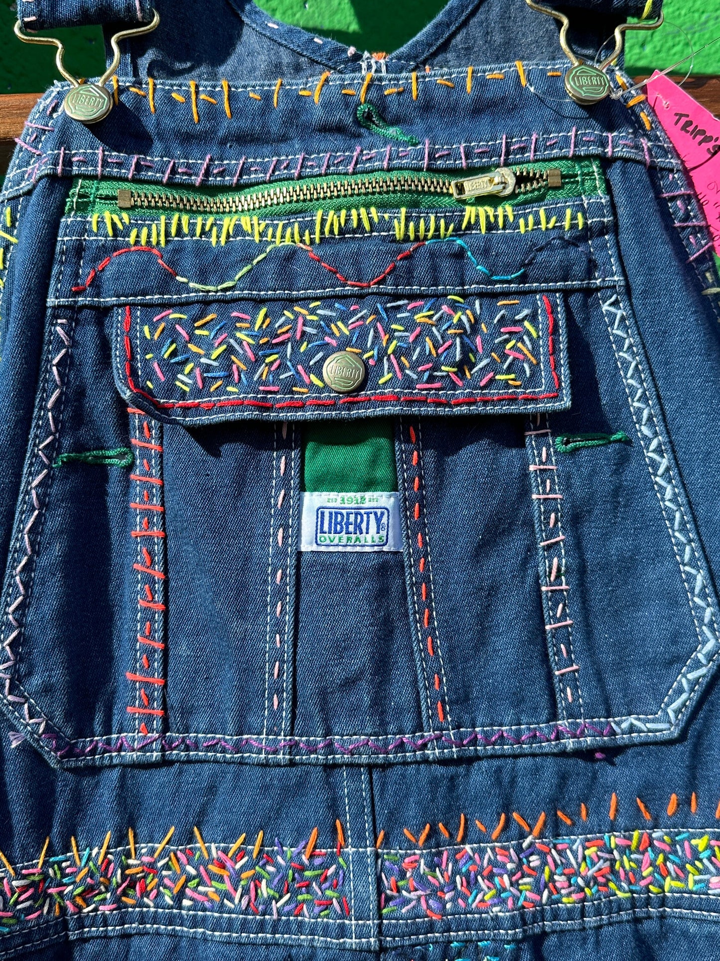 Tripp's Store : Bespoke denim bib overalls // Boho embroidered // 40" X 27" // Colorful one of kind overalls