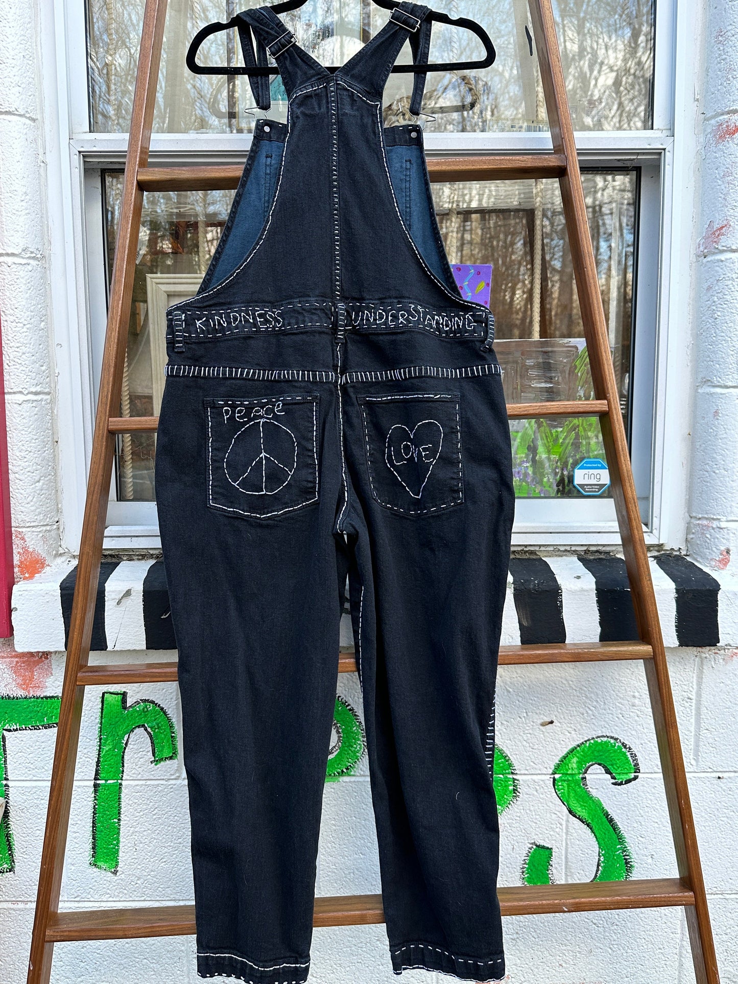Tripp's Store: One of a kind bespoke black and white jean overalls // 36 x 26 // hand stitched overalls