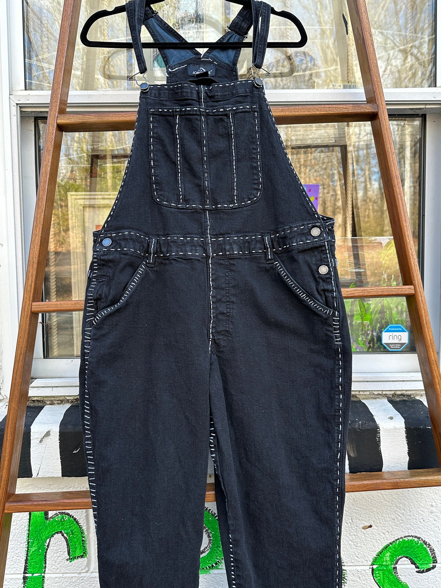 Tripp's Store: One of a kind bespoke black and white jean overalls // 36 x 26 // hand stitched overalls