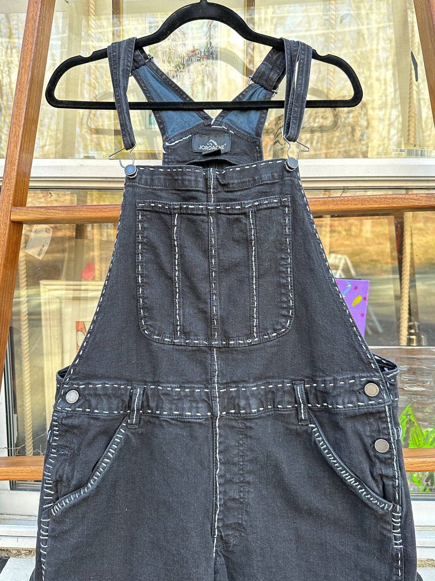 Tripp's Store: One of a kind bespoke black and white jean overalls // 36 x 26 // hand stitched overalls