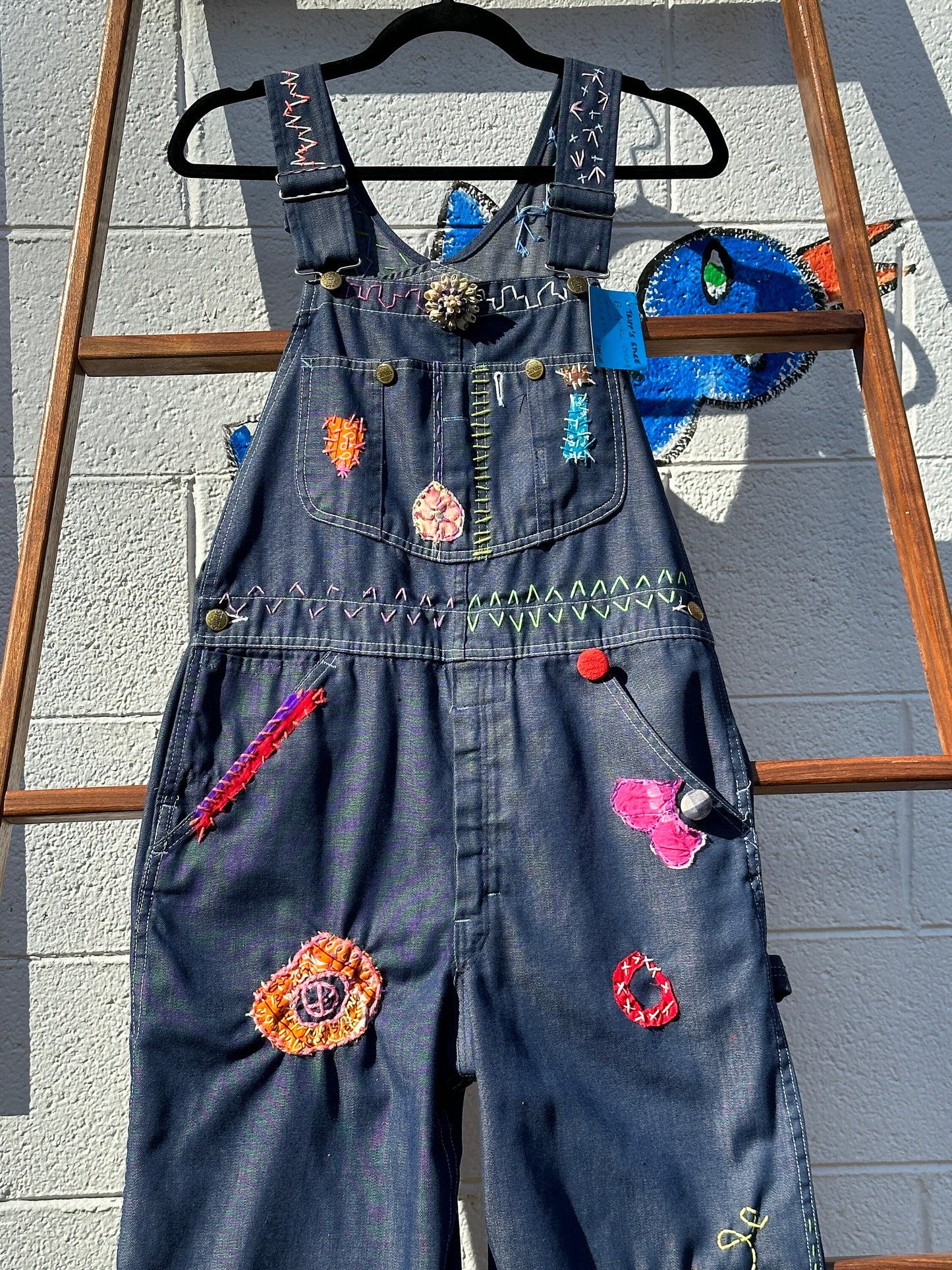 Tripp's Store : Bespoke medium wash Vintage One of a kind Overalls // Unisex XL 32"x29" // Embroidered patchwork y2k boho Bib Overalls