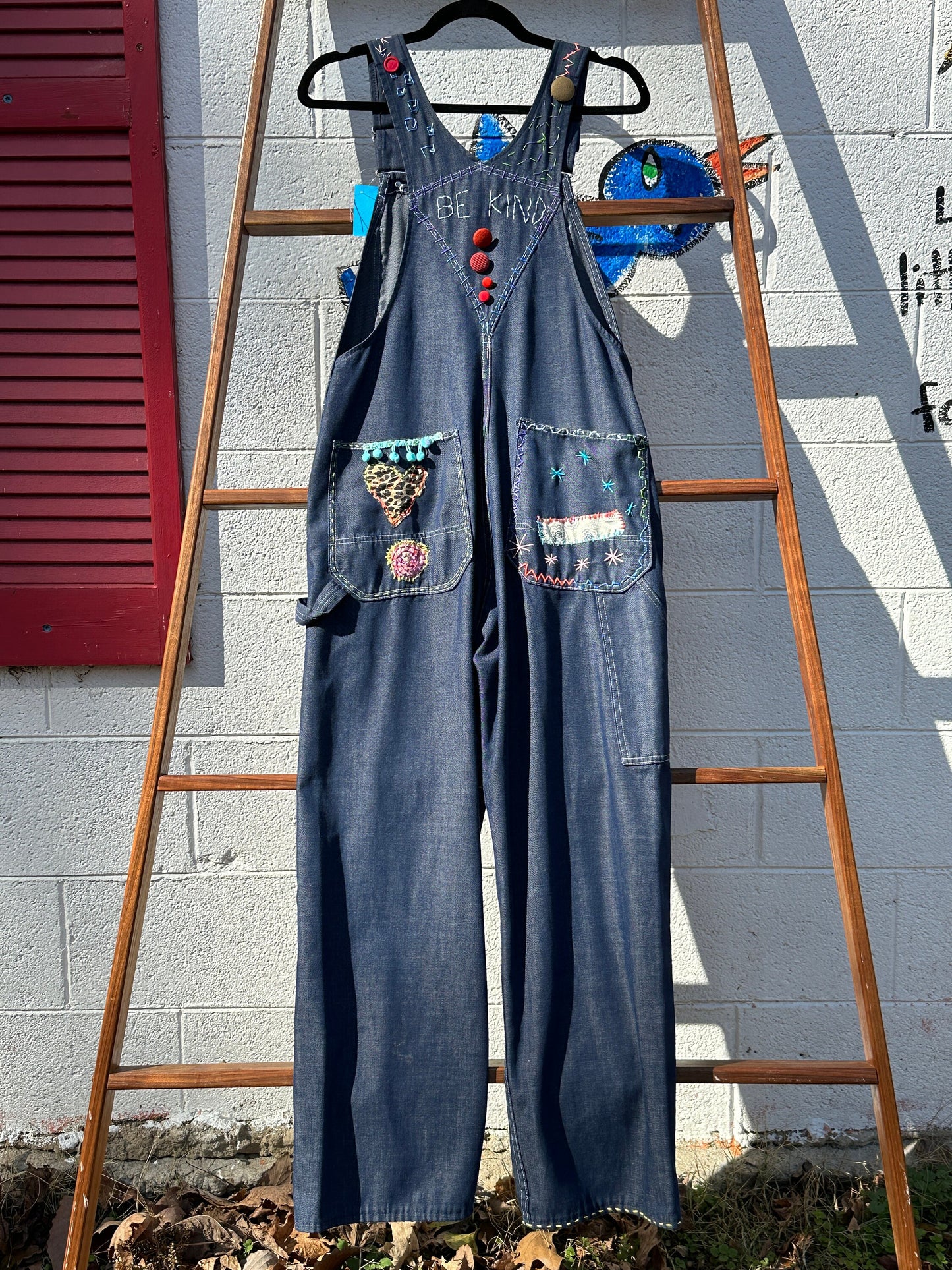 Tripp's Store : Bespoke medium wash Vintage One of a kind Overalls // Unisex XL 32"x29" // Embroidered patchwork y2k boho Bib Overalls