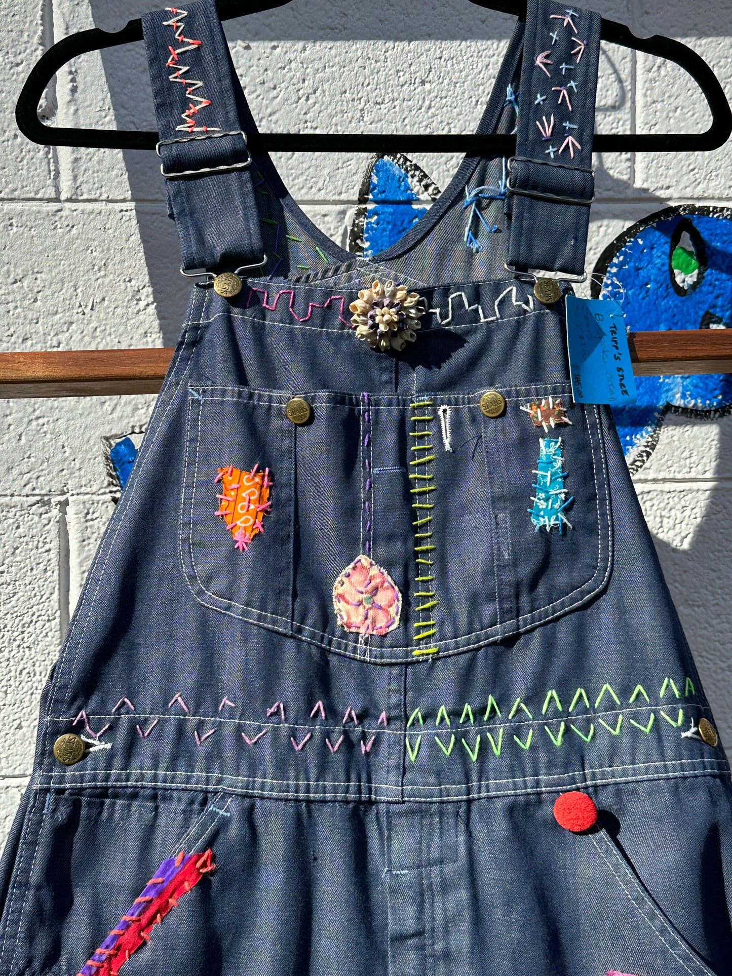 Tripp's Store : Bespoke medium wash Vintage One of a kind Overalls // Unisex XL 32"x29" // Embroidered patchwork y2k boho Bib Overalls