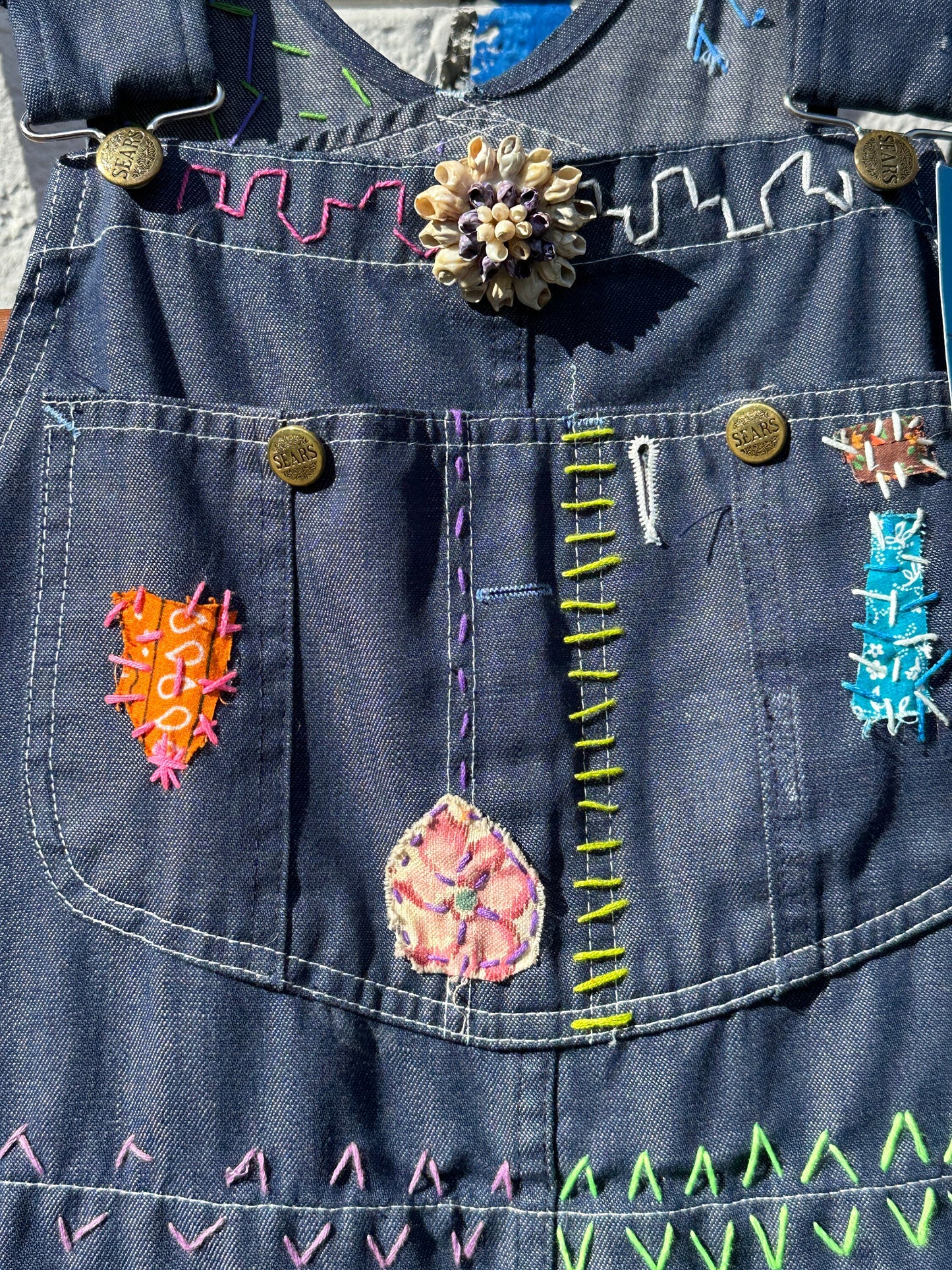 Tripp's Store : Bespoke medium wash Vintage One of a kind Overalls // Unisex XL 32"x29" // Embroidered patchwork y2k boho Bib Overalls