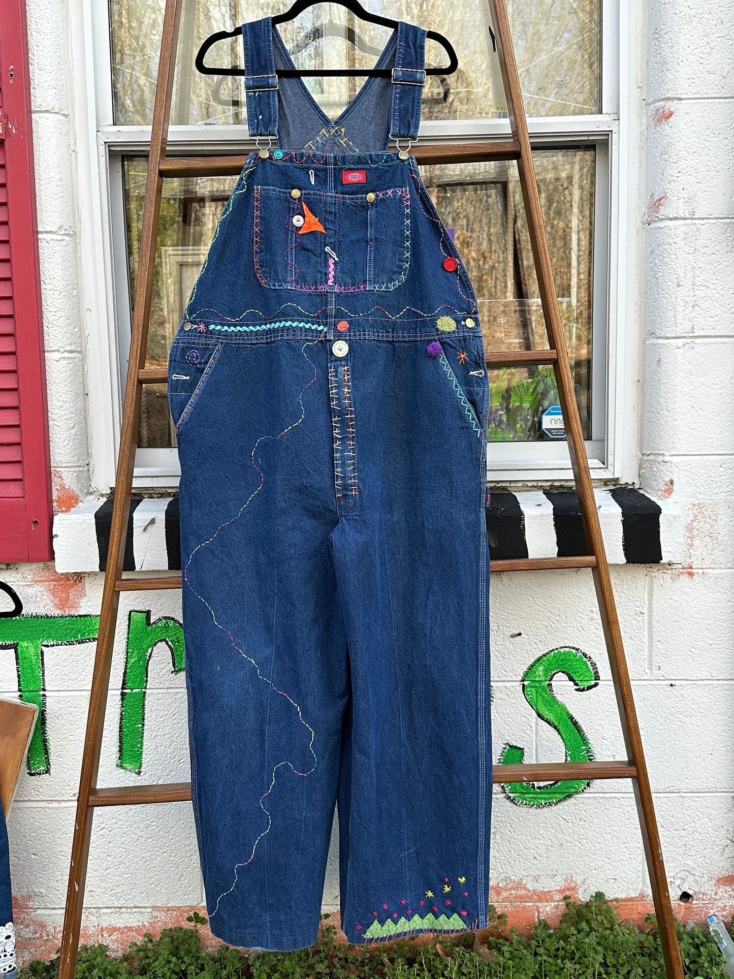 Tripp's Store : One of a kind bespoke Dickie's overalls // 42 X 27 // stitched, embellished, patched overalls