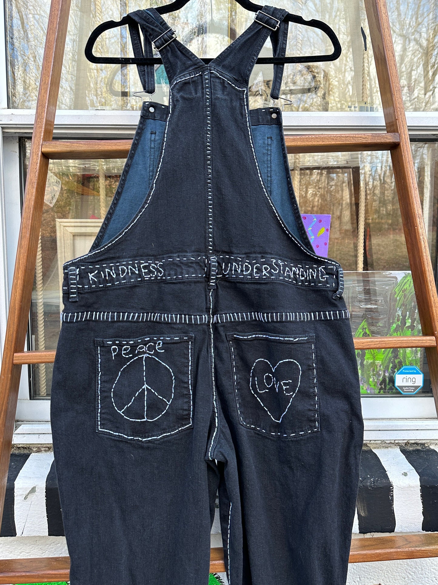 Tripp's Store: One of a kind bespoke black and white jean overalls // 36 x 26 // hand stitched overalls