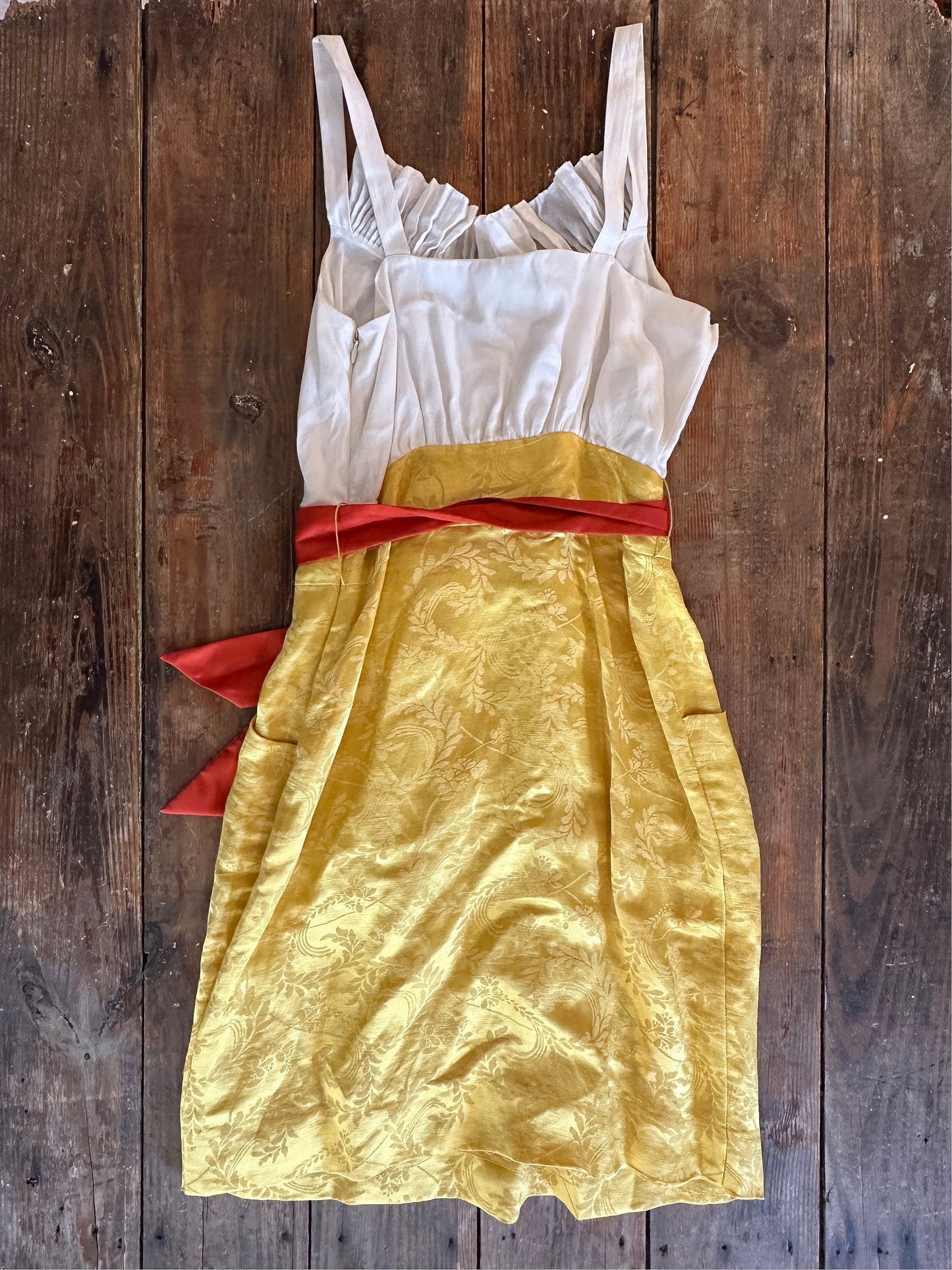 Tripp's Store : Moulinette Soeurs ruffle dress Women's Size 0 White golden rod yellow red satin ruffle spring break summer dress / Anthro