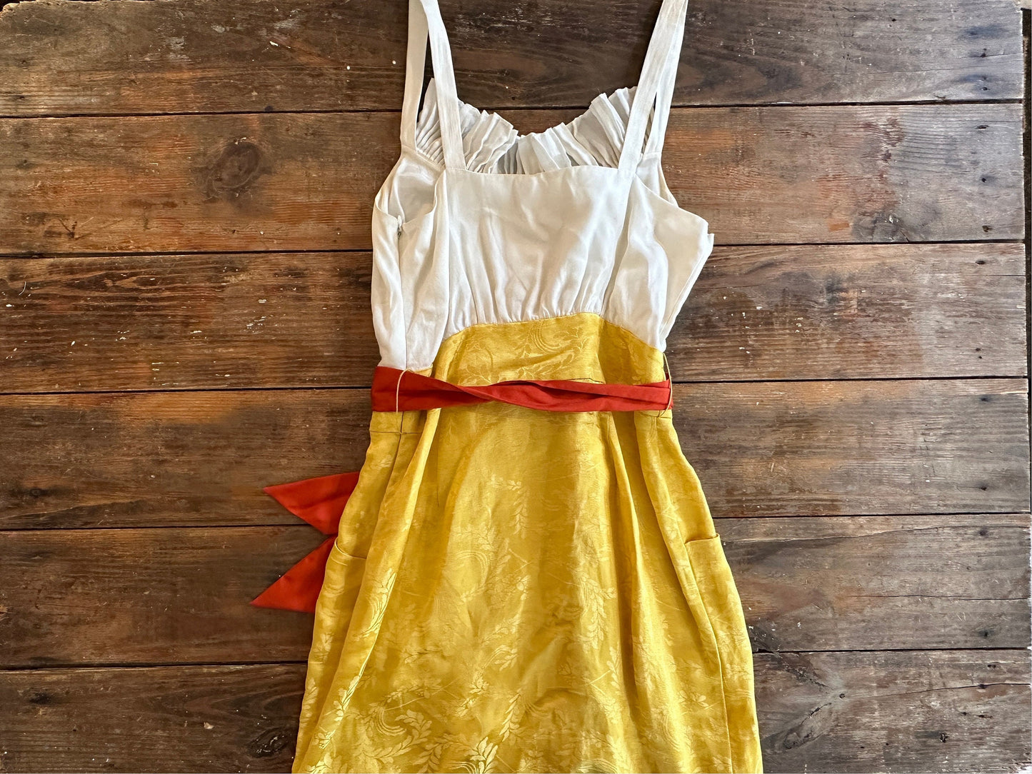 Tripp's Store : Moulinette Soeurs ruffle dress Women's Size 0 White golden rod yellow red satin ruffle spring break summer dress / Anthro