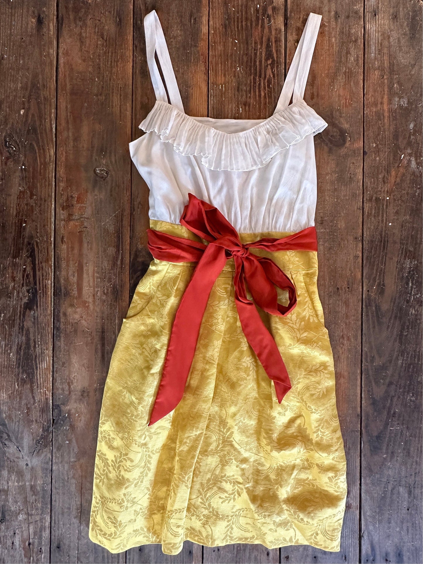 Tripp's Store : Moulinette Soeurs ruffle dress Women's Size 0 White golden rod yellow red satin ruffle spring break summer dress / Anthro