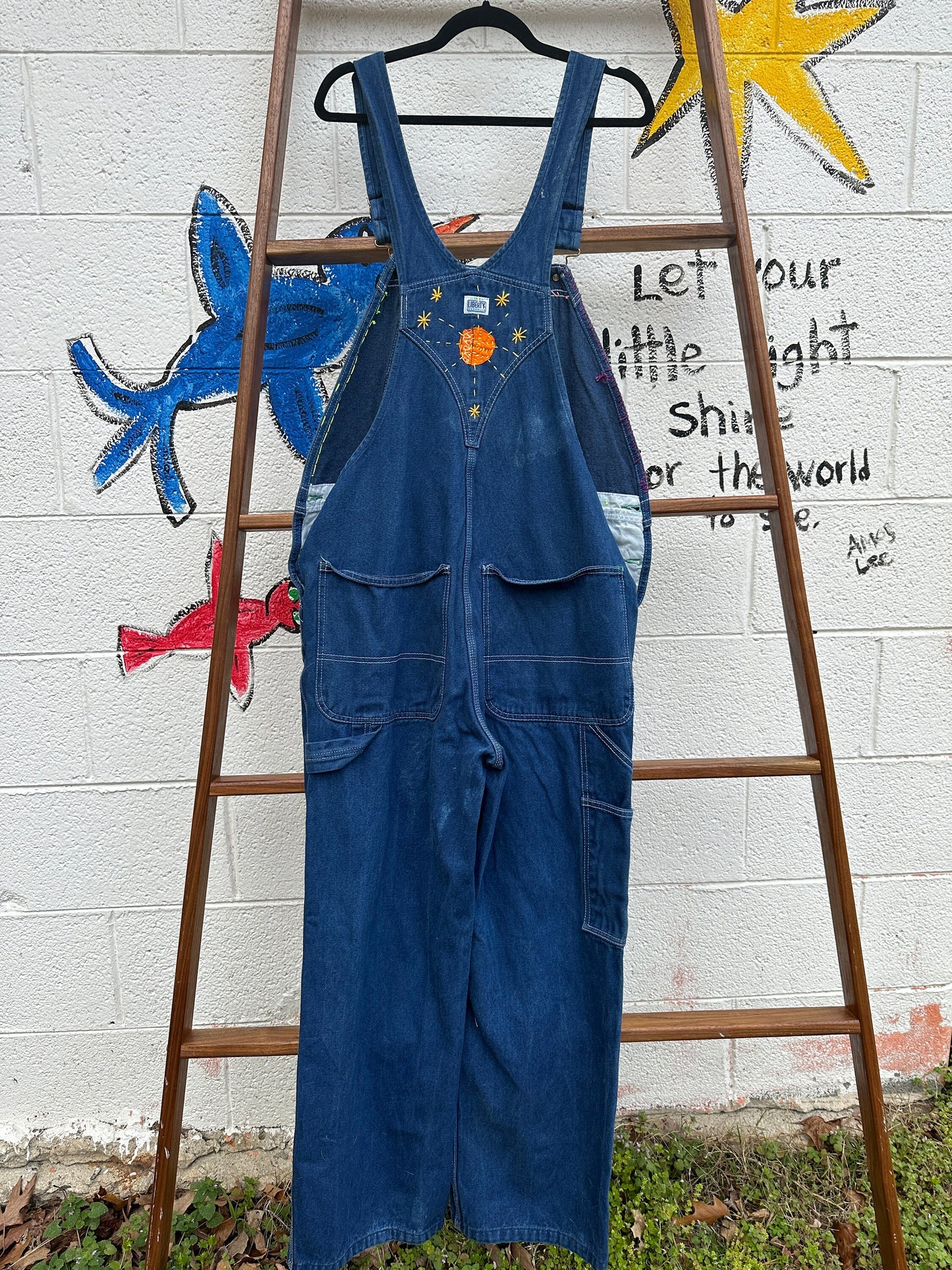 Tripp's Store : One of a kind bespoke stitched and patched Liberty Overalls // 36 X 30 // Fun and funky overalls