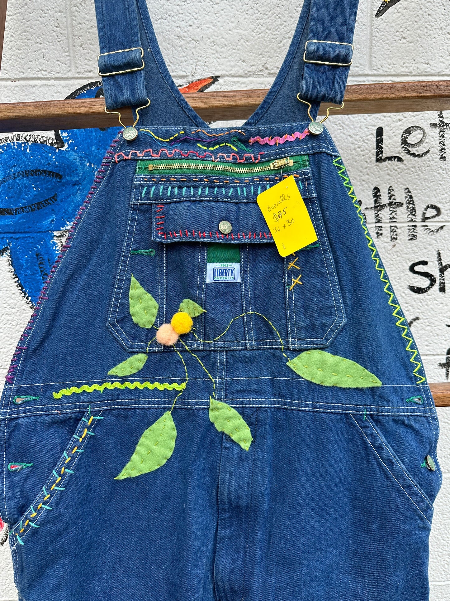 Tripp's Store : One of a kind bespoke stitched and patched Liberty Overalls // 36 X 30 // Fun and funky overalls