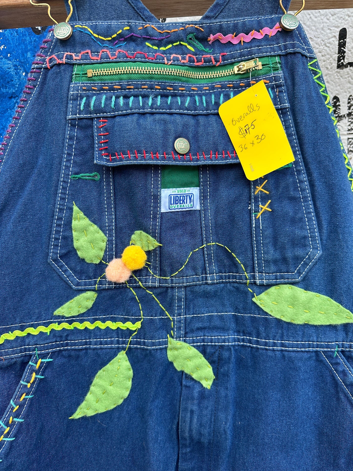 Tripp's Store : One of a kind bespoke stitched and patched Liberty Overalls // 36 X 30 // Fun and funky overalls