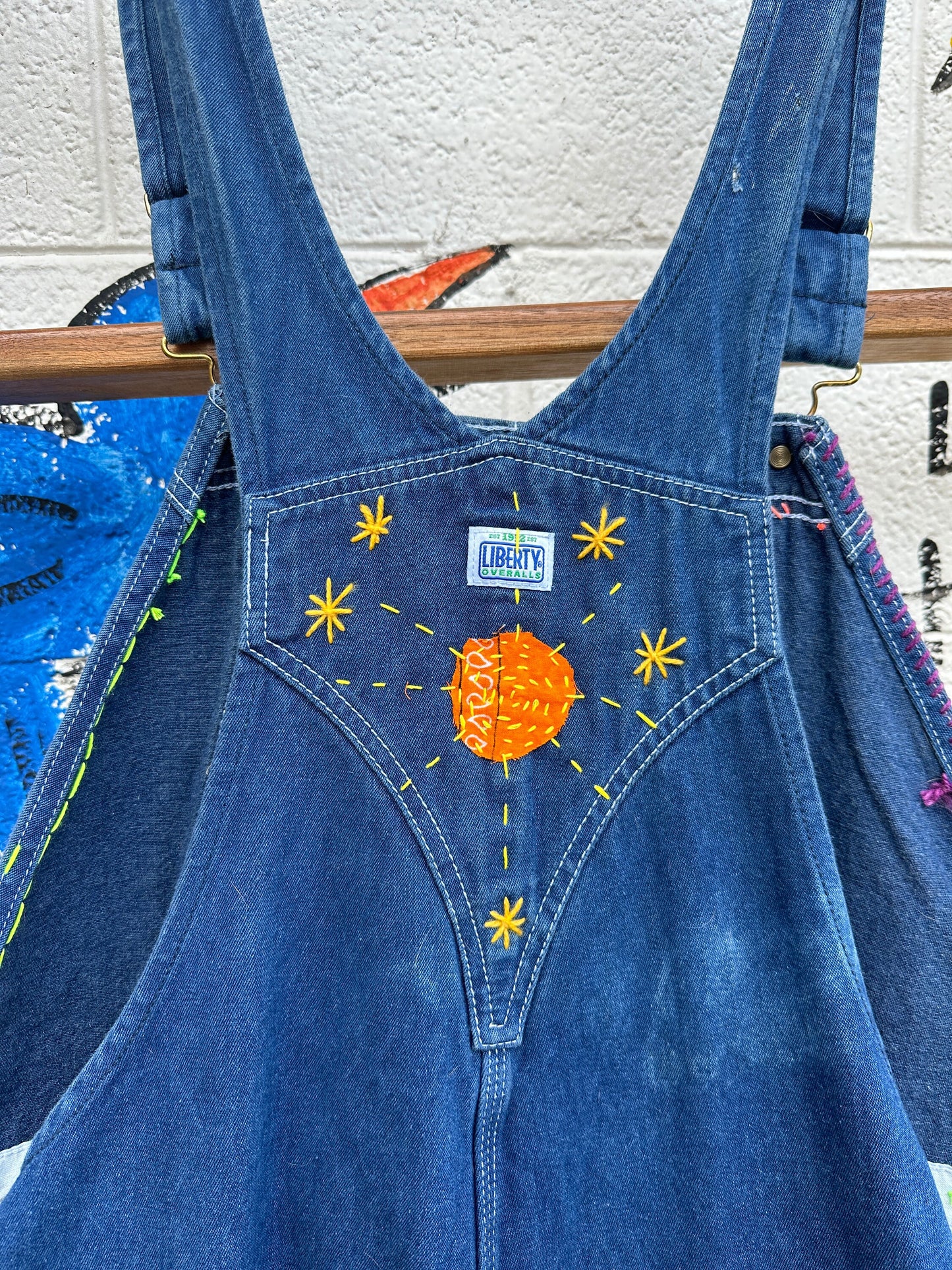 Tripp's Store : One of a kind bespoke stitched and patched Liberty Overalls // 36 X 30 // Fun and funky overalls