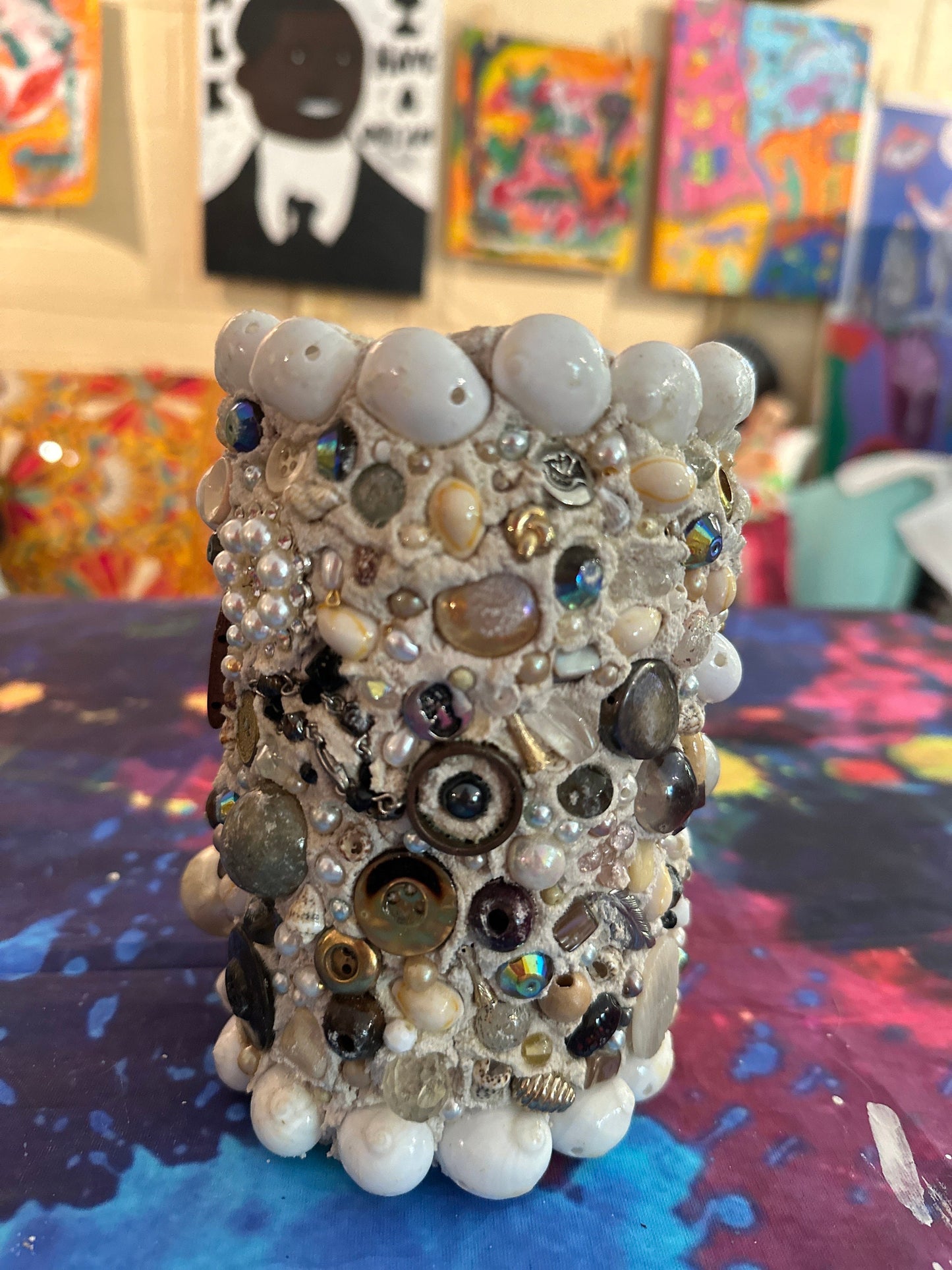 Tripp's Store / Handmade OOAK Folk Art Ceramic 6" width x 7" height x 6" depth / Memory Jug / One of a Kind Art Gift Decorated Beads Glass Jar Collector