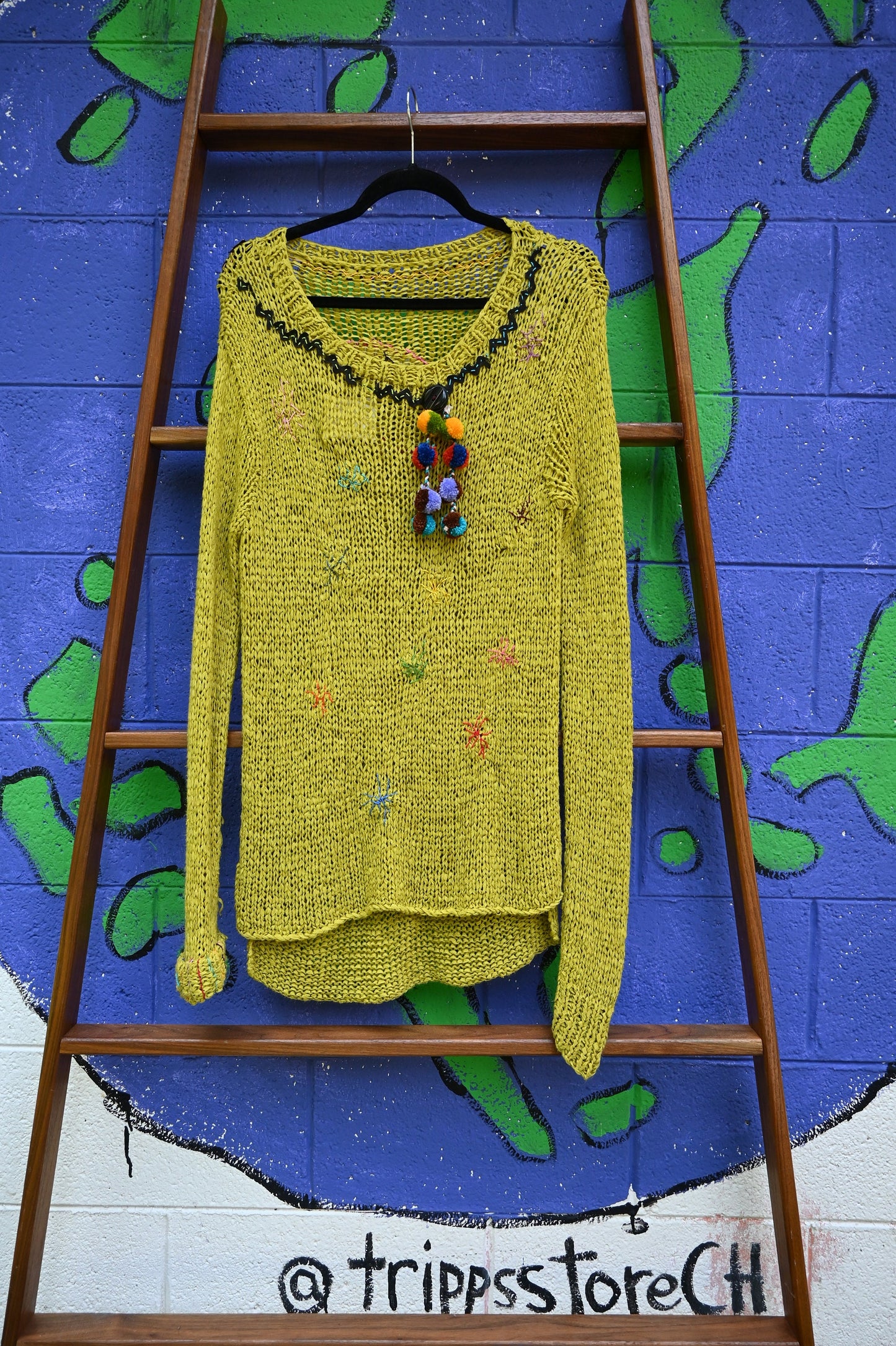 Tripp's Store / Sweater / Handstitched One of a kind funky patch stitched boho Chartreuse tunic sweater dress / Bohemian / Patchwork / OOAK