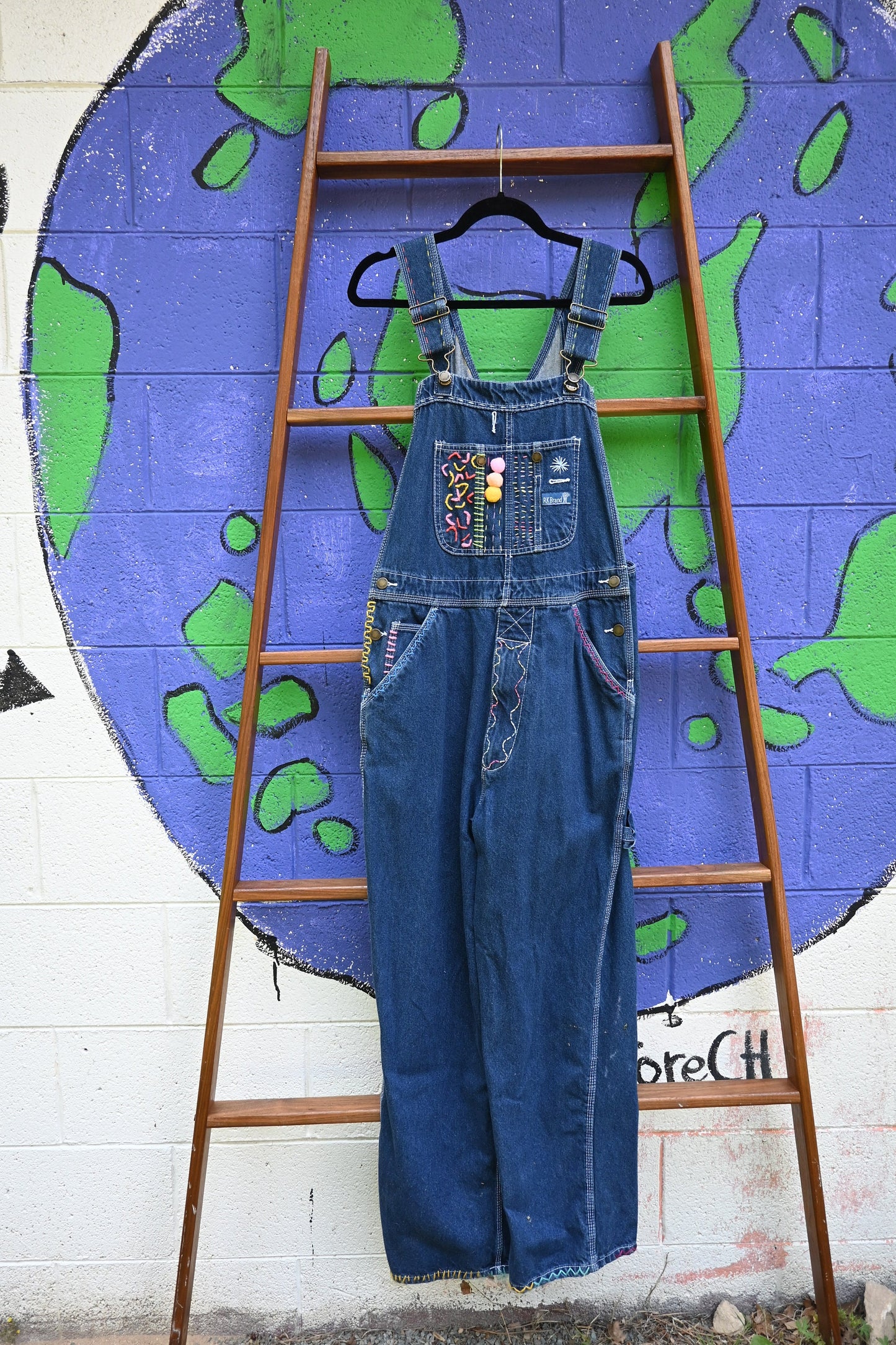 Tripp's Store : Authentissimo Bespoke dark wash Vintage One of a kind Overalls // Unisex XL // Embroidered patchwork y2k boho Bib Overalls
