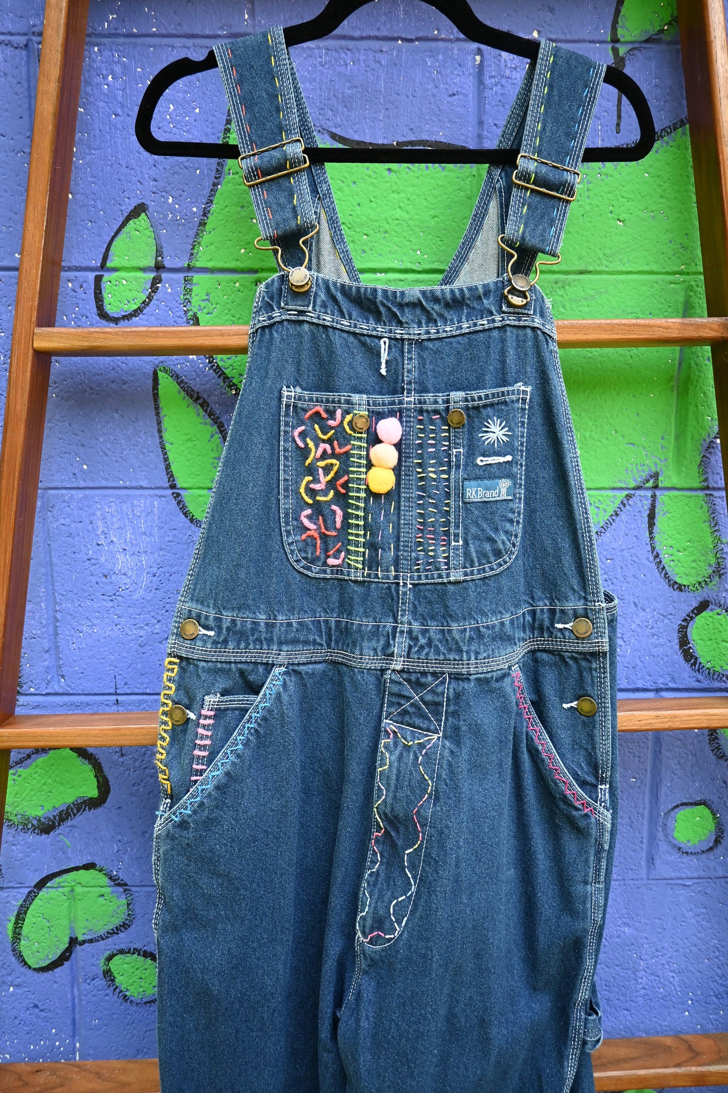 Tripp's Store : Authentissimo Bespoke dark wash Vintage One of a kind Overalls // Unisex XL // Embroidered patchwork y2k boho Bib Overalls