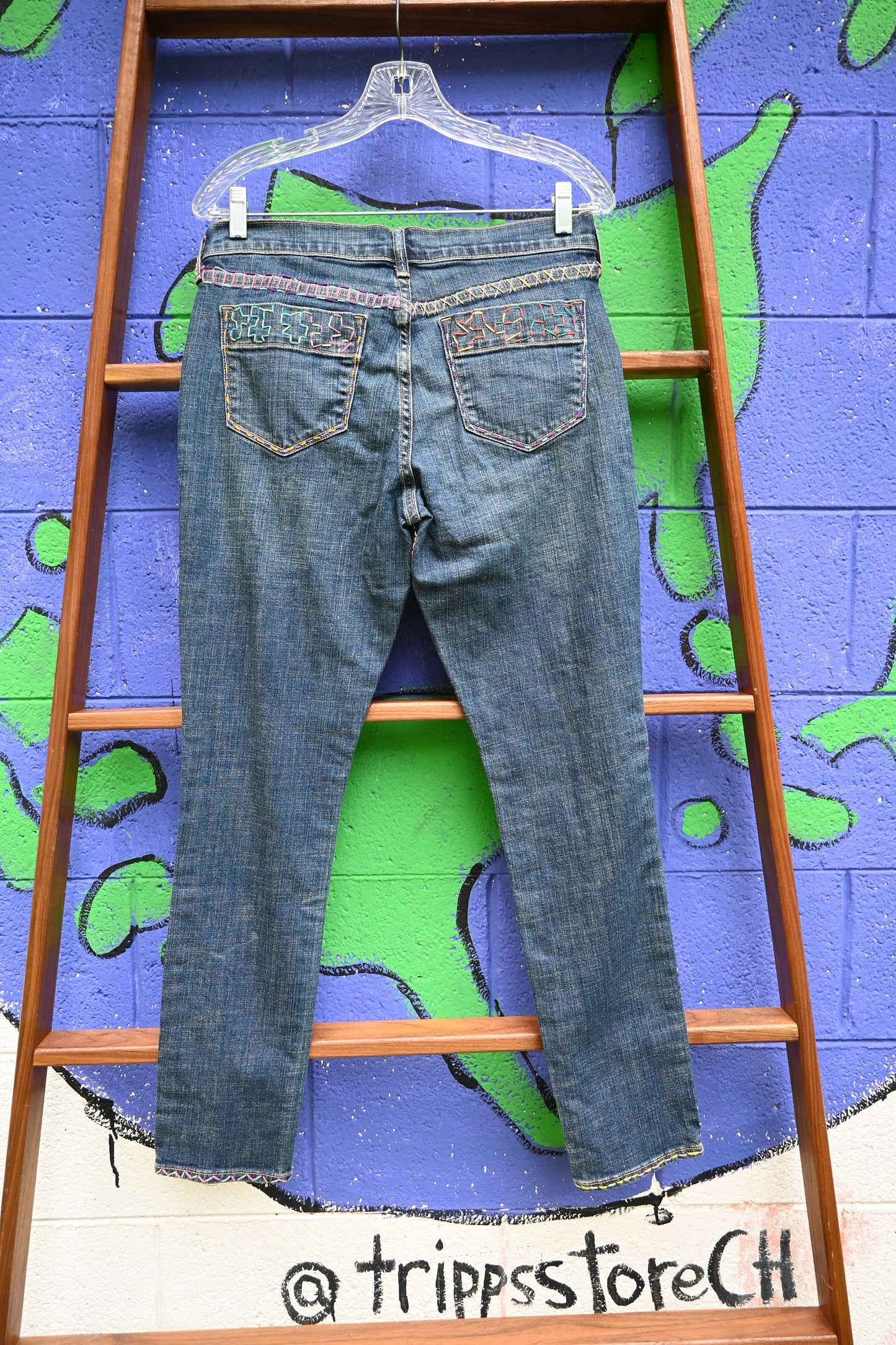Tripp's Store : Authentissimo Bespoke Denim Jeans // Handstitched OOAK Embroidered Boho Straight Leg Medium Dark Wash High Waist Mom Jeans // Size 6 Short