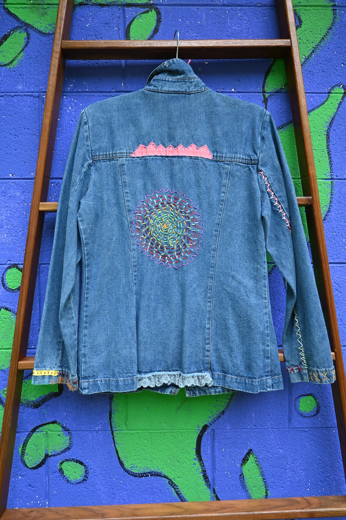 Tripp's Store / OOAK zip front denim jacket; bespoke blue jean jacket; embellished jacket