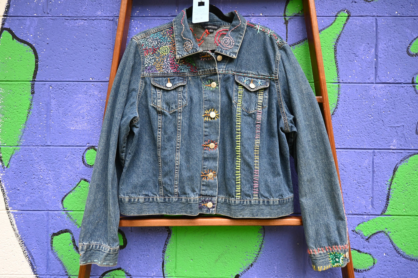 Tripp's Store / OOAK trucker style blue jean jacket; Bespoke denim jacket; stitched blue jean jacket; embroidered; colorful; art piece;