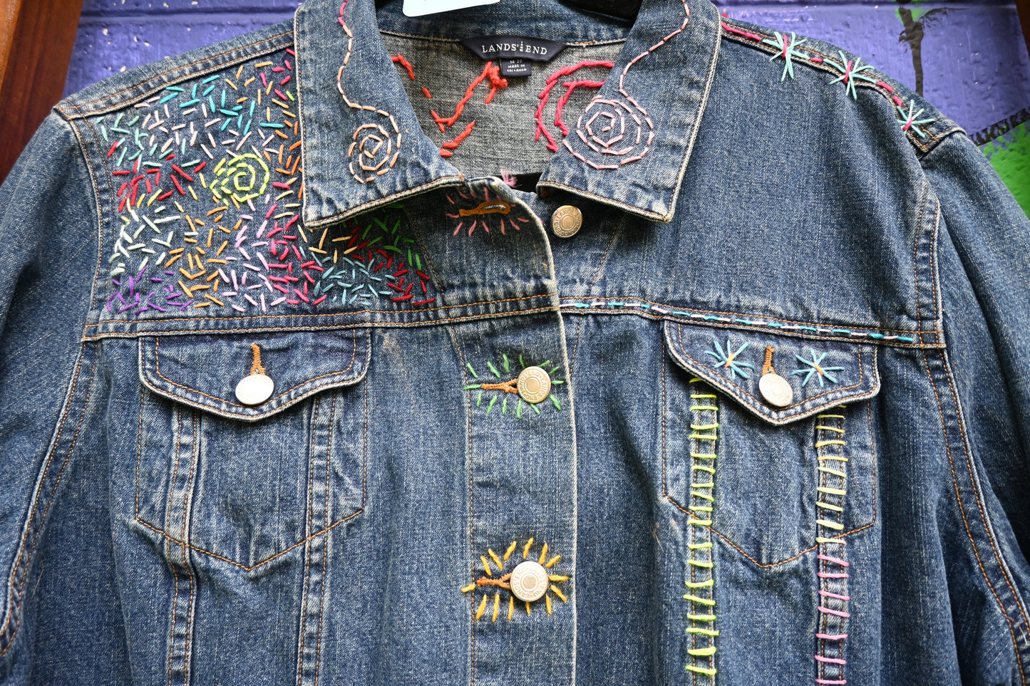 Tripp's Store / OOAK trucker style blue jean jacket; Bespoke denim jacket; stitched blue jean jacket; embroidered; colorful; art piece;