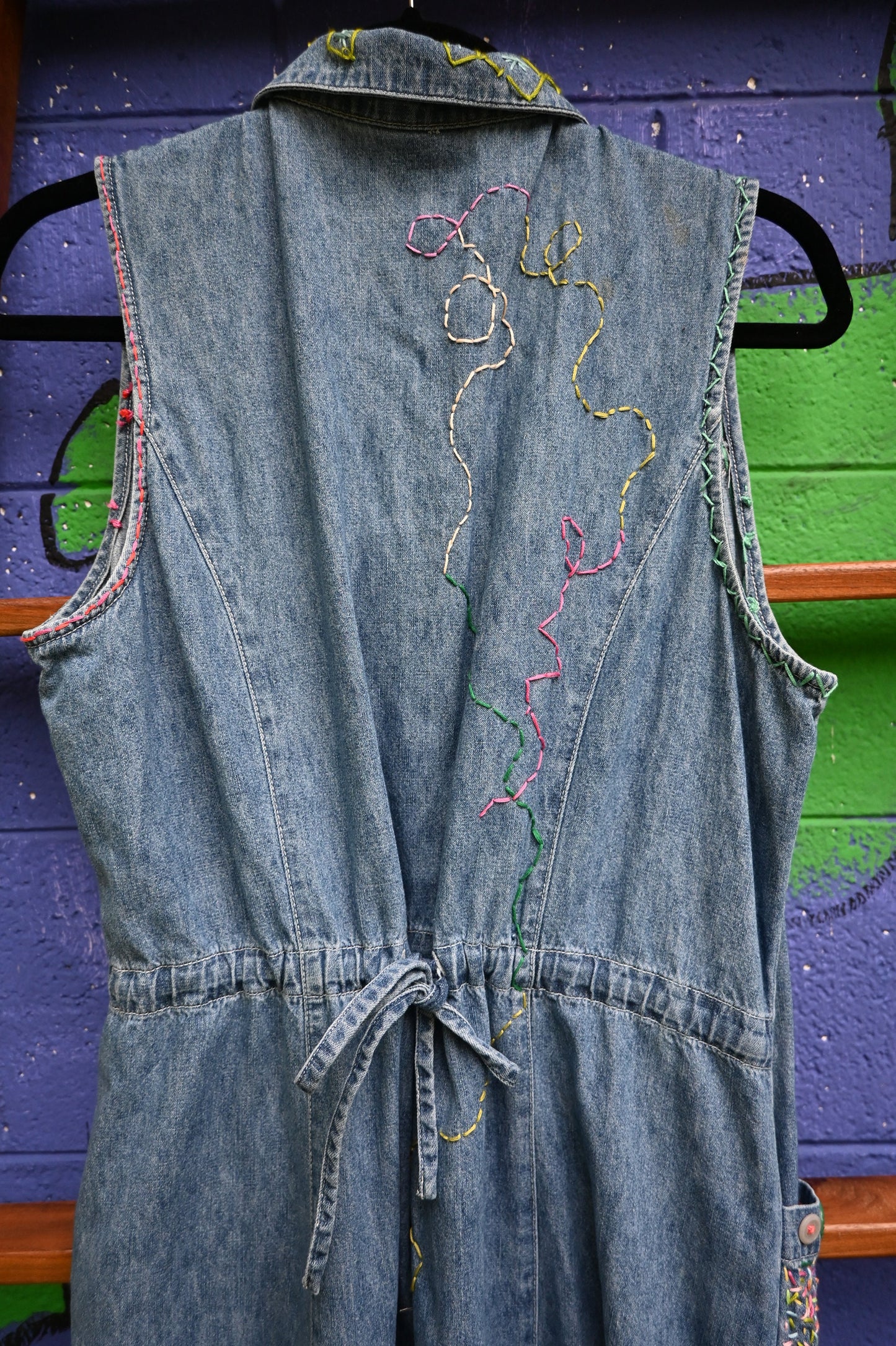 Tripp's Store / DRESS / Vintage Women's One Of A Kind Denim Shirt Dress / Button front Long Denim Jean Shirt Dress Handstitched Patchwork Embroidered Boho OOAK Gift
