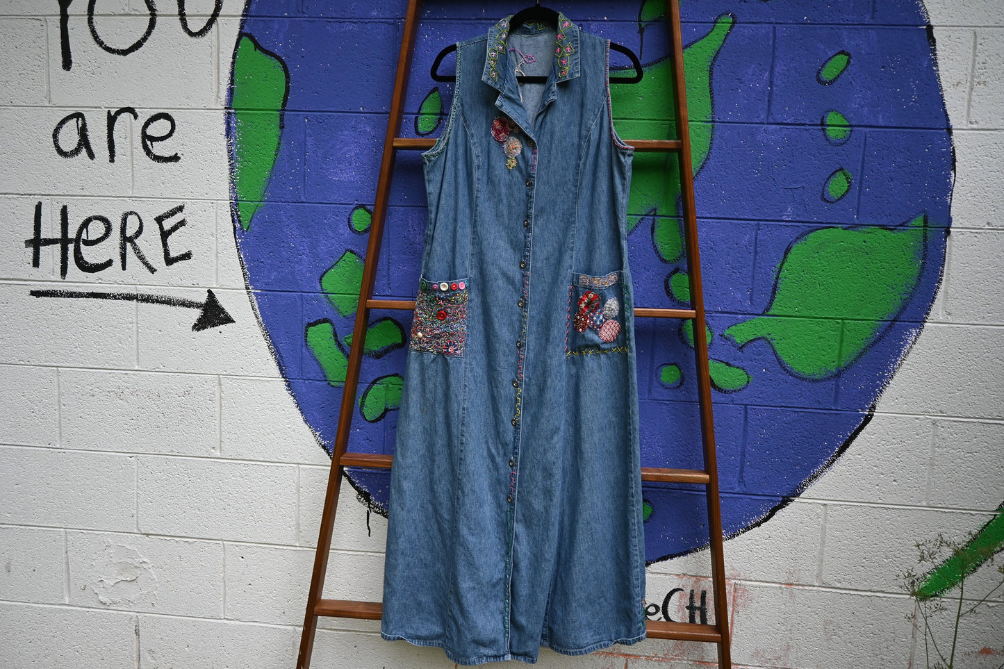 Tripp's Store / DRESS / Vintage Women's One Of A Kind Denim Shirt Dress / Button front Long Denim Jean Shirt Dress Handstitched Patchwork Embroidered Boho OOAK Gift