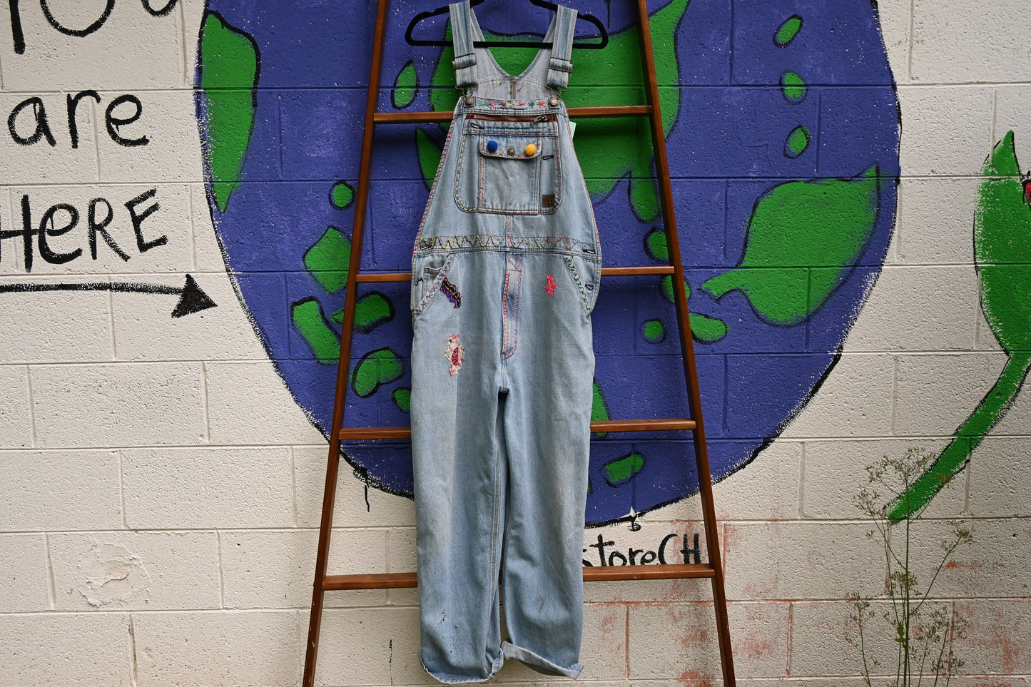 Tripp's Store / Vintage OOAK embellished light wash overalls; One of A Kind / bespoke denim overalls; fun and funky overalls