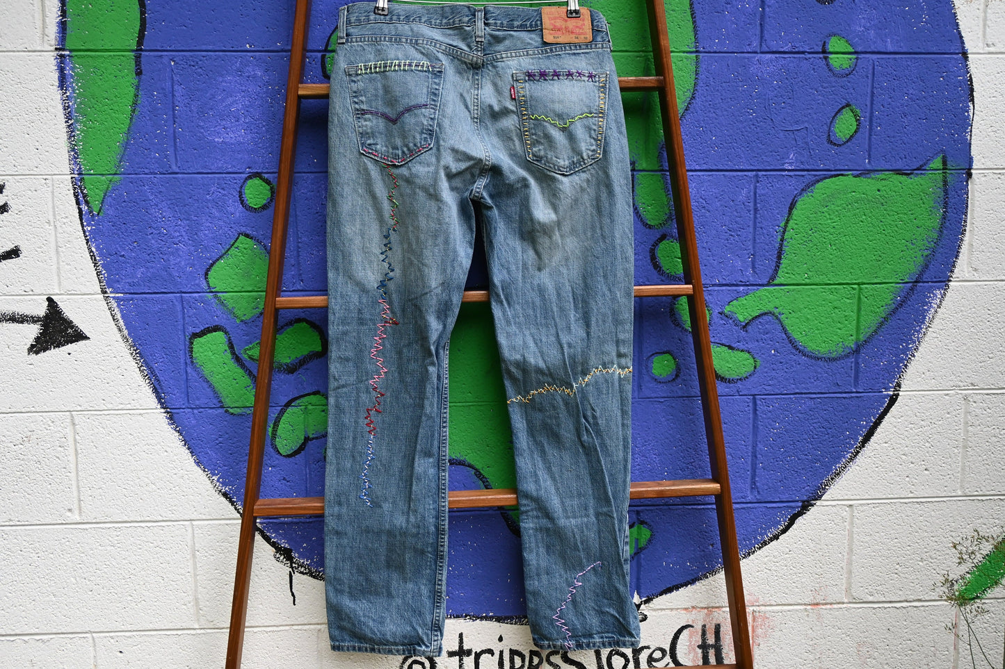 Tripp's Store / Levi's bespoke art jeans; OOAK art jeans; embellished jeans; boot cut jeans; hand-stitched jeans