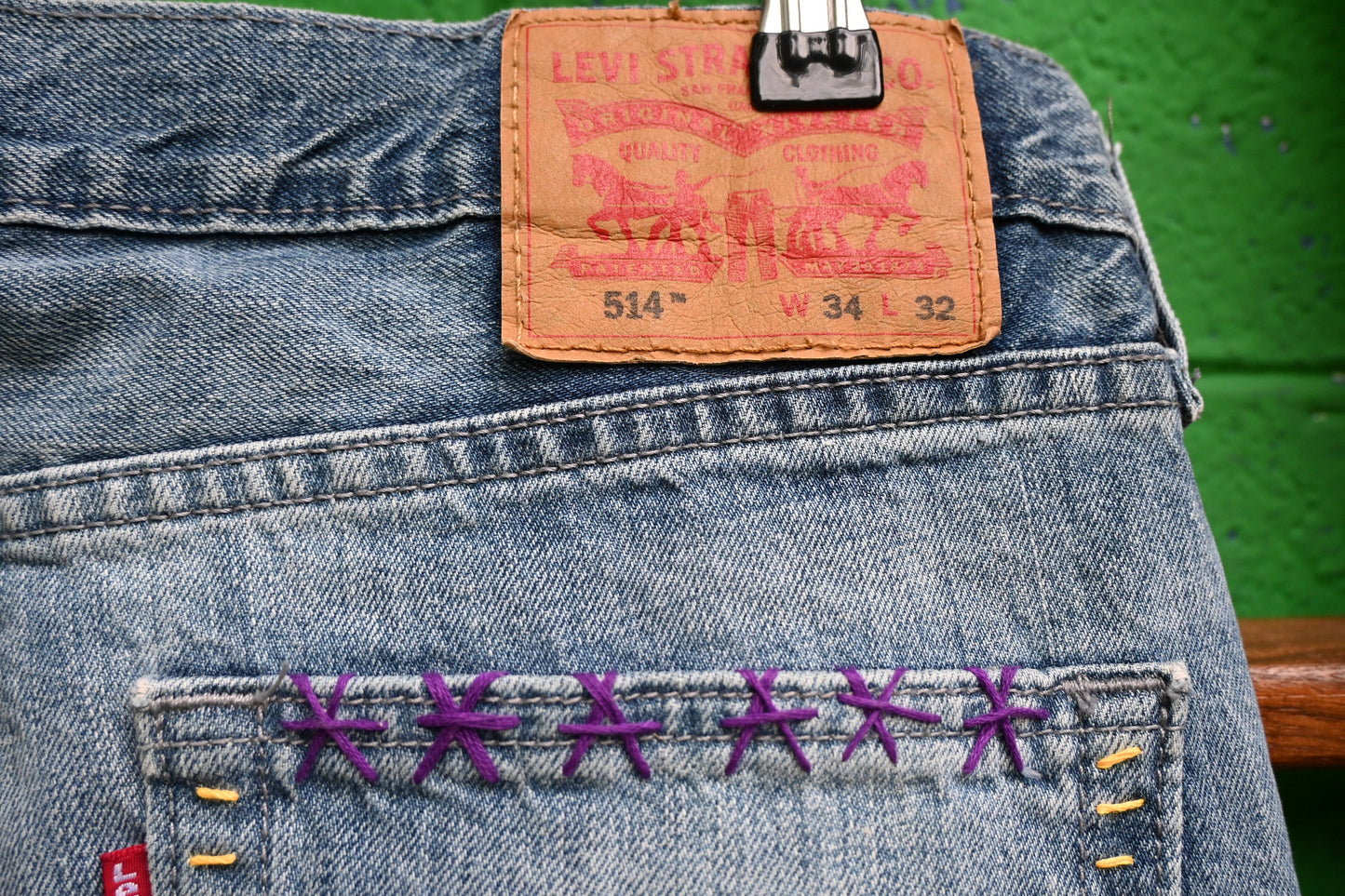 Tripp's Store / Levi's bespoke art jeans; OOAK art jeans; embellished jeans; boot cut jeans; hand-stitched jeans