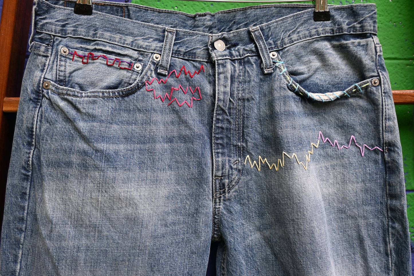 Tripp's Store / Levi's bespoke art jeans; OOAK art jeans; embellished jeans; boot cut jeans; hand-stitched jeans