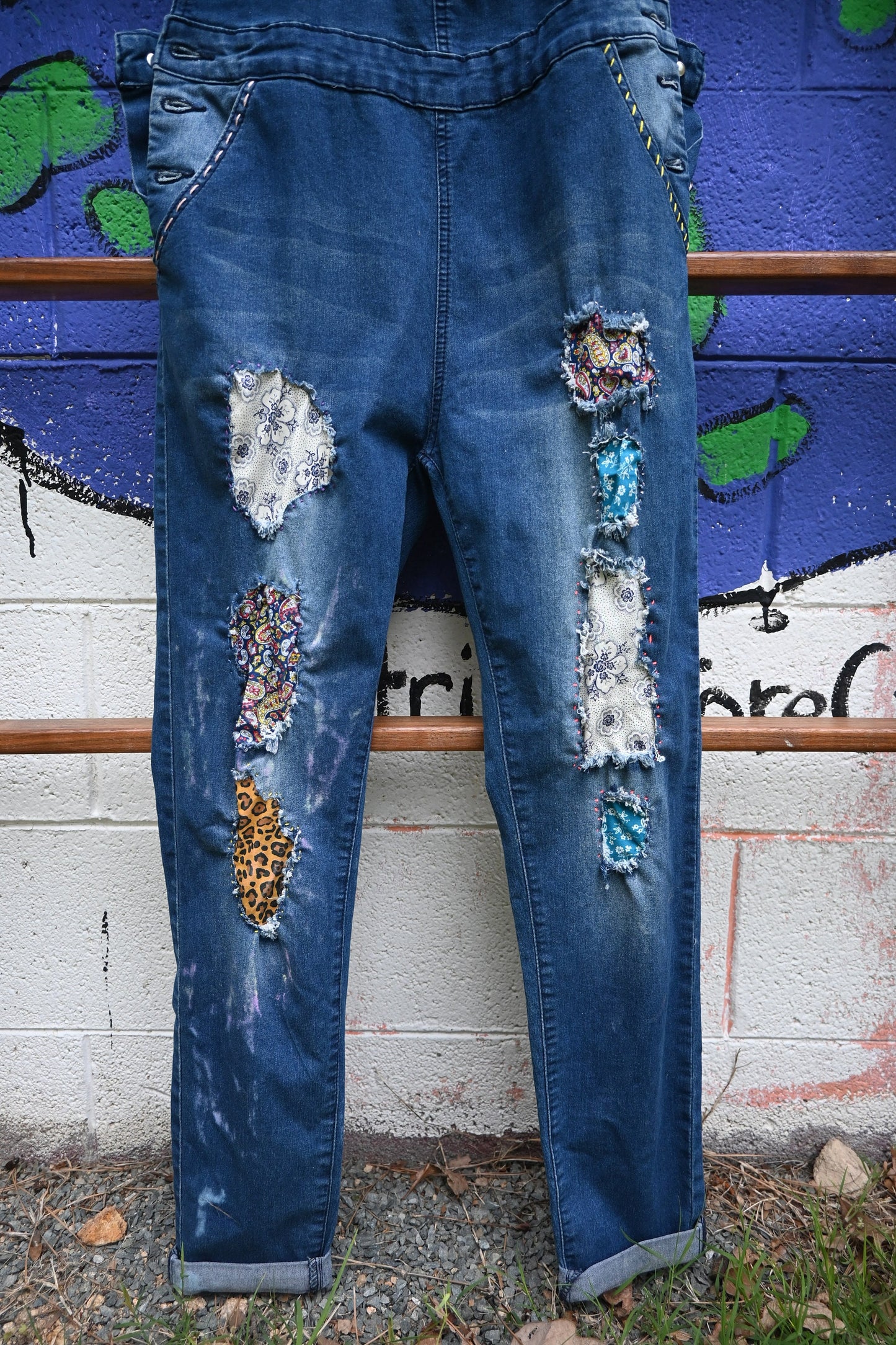 Tripp's Store / Overalls / Patchwork Dark Wash Denim Jean Stretch Stitched Bib Overalls / Women's Stretchy Boho Bib Overalls