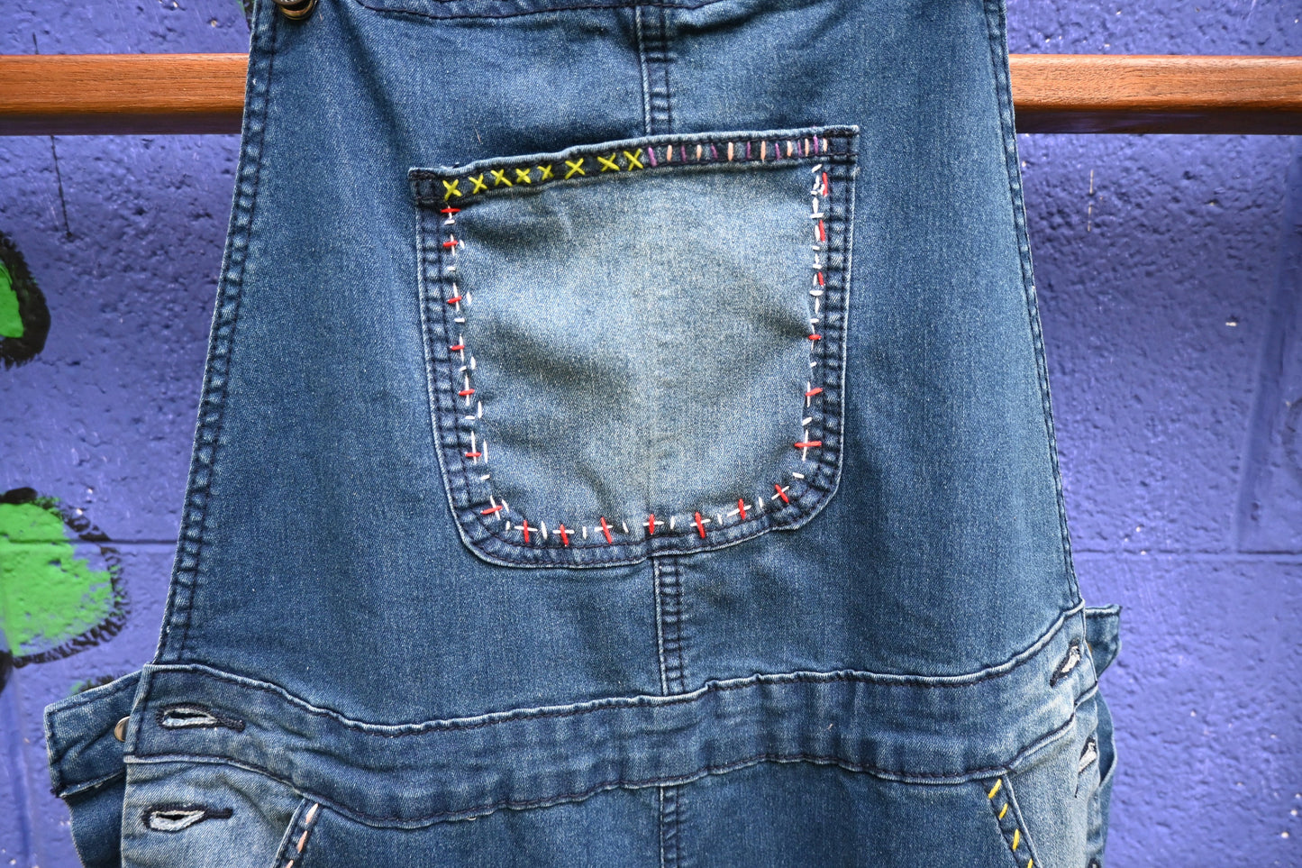 Tripp's Store / Overalls / Patchwork Dark Wash Denim Jean Stretch Stitched Bib Overalls / Women's Stretchy Boho Bib Overalls
