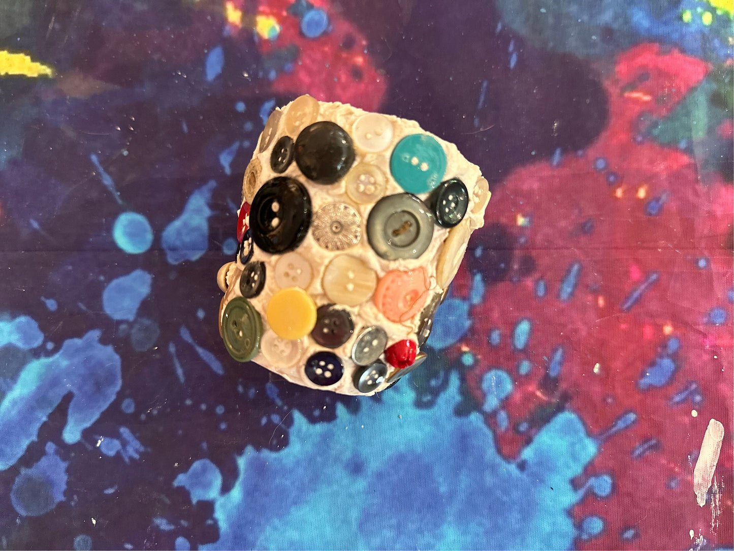 Tripp's Store / ART / Handmade OOAK Folk Art Ceramic 4" width x 4" height x 3" depth / Memory Jug / One of a Kind Art Gift Decorated Beads Glass Jar Collector