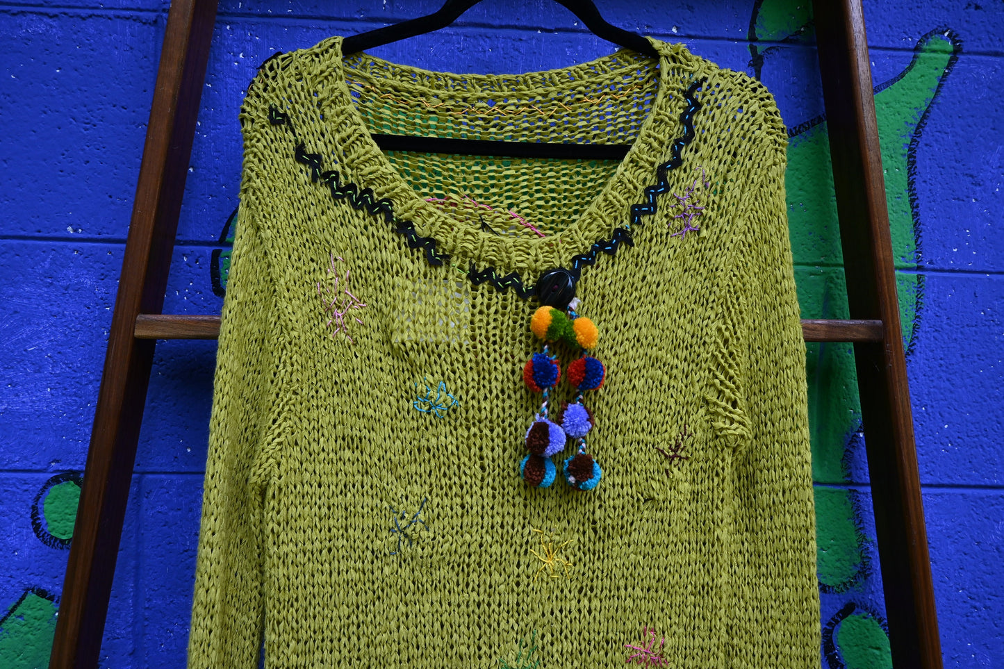 Tripp's Store / Sweater / Handstitched One of a kind funky patch stitched boho Chartreuse tunic sweater dress / Bohemian / Patchwork / OOAK