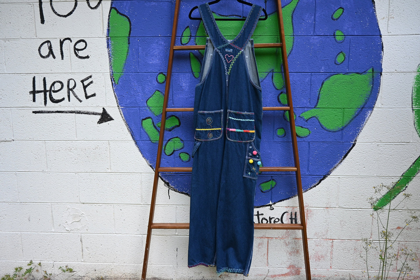 Tripp's Store : Authentissimo Bespoke dark wash Vintage One of a kind Overalls // Unisex XL // Embroidered patchwork y2k boho Bib Overalls