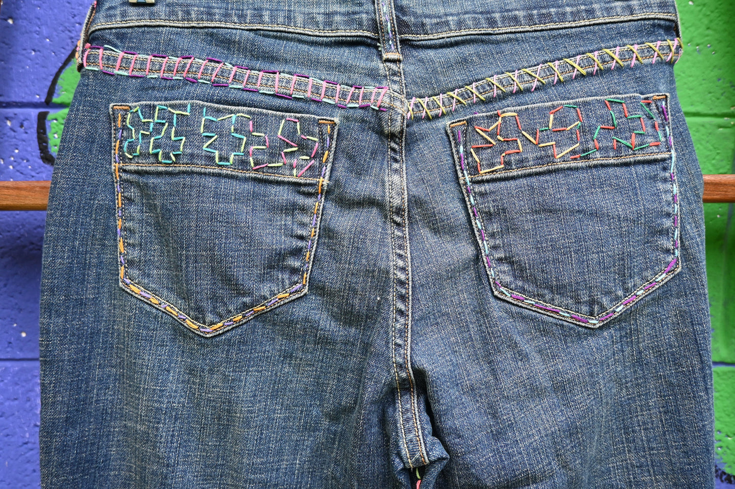 Tripp's Store : Authentissimo Bespoke Denim Jeans // Handstitched OOAK Embroidered Boho Straight Leg Medium Dark Wash High Waist Mom Jeans // Size 6 Short