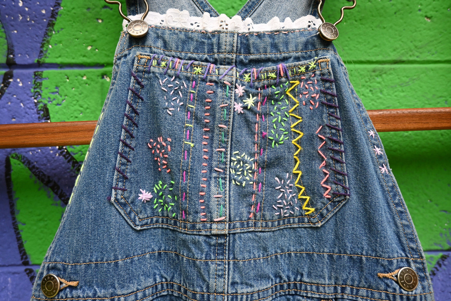 Tripp's Store : Hand stitched Kids Denim Bib Overalls / Rainbow color stitching with Lace Trim and pink heart / Unisex / Girls Size Small (7)