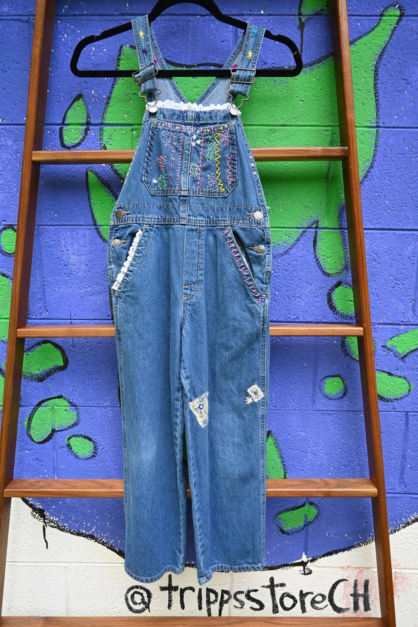 Tripp's Store : Hand stitched Kids Denim Bib Overalls / Rainbow color stitching with Lace Trim and pink heart / Unisex / Girls Size Small (7)