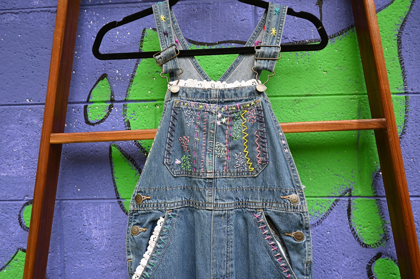Tripp's Store : Hand stitched Kids Denim Bib Overalls / Rainbow color stitching with Lace Trim and pink heart / Unisex / Girls Size Small (7)