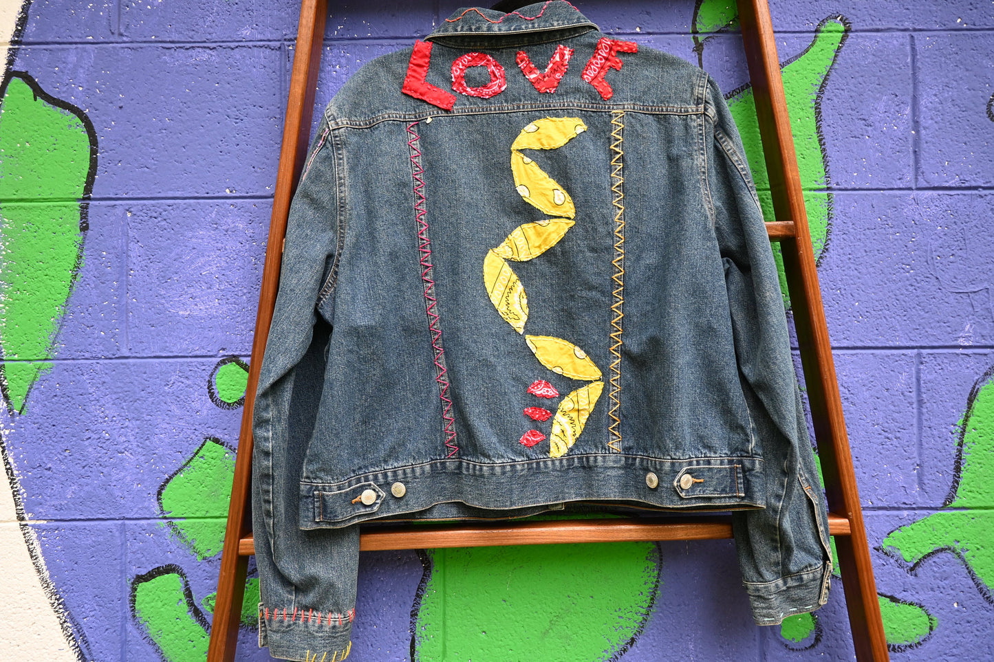 Tripp's Store / OOAK trucker style blue jean jacket; Bespoke denim jacket; stitched blue jean jacket; embroidered; colorful; art piece;