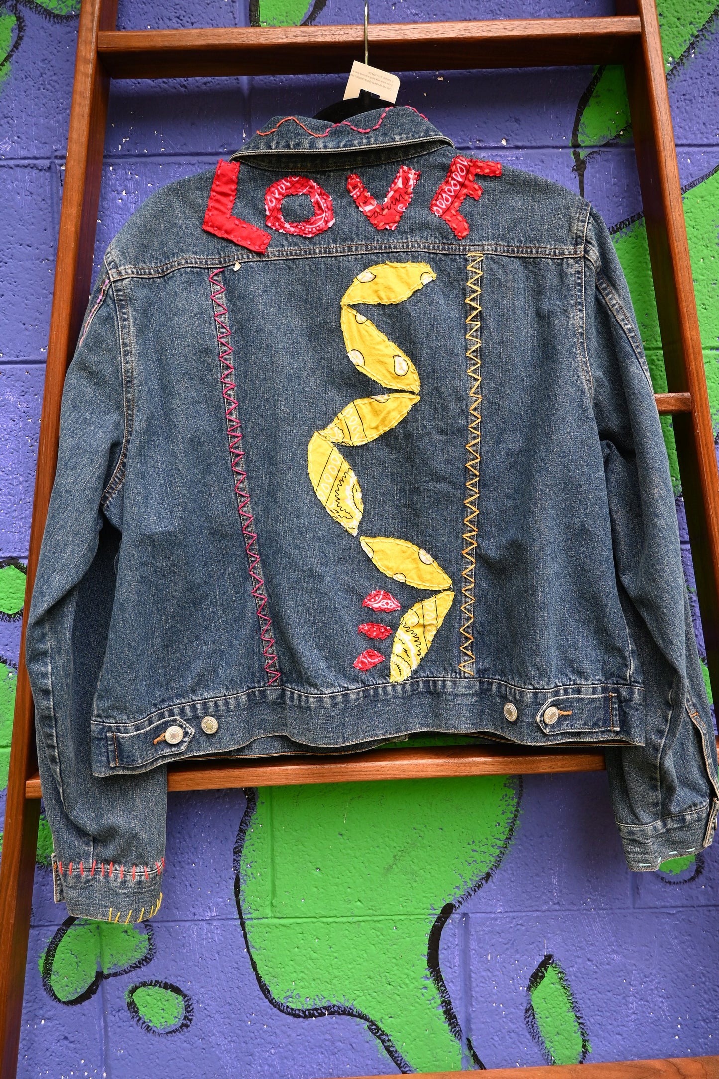 Tripp's Store / OOAK trucker style blue jean jacket; Bespoke denim jacket; stitched blue jean jacket; embroidered; colorful; art piece;