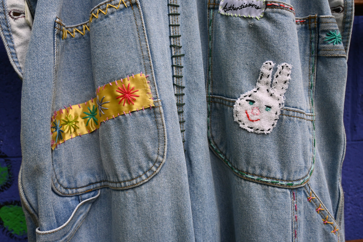 Tripp's Store / Vintage OOAK embellished light wash overalls; One of A Kind / bespoke denim overalls; fun and funky overalls