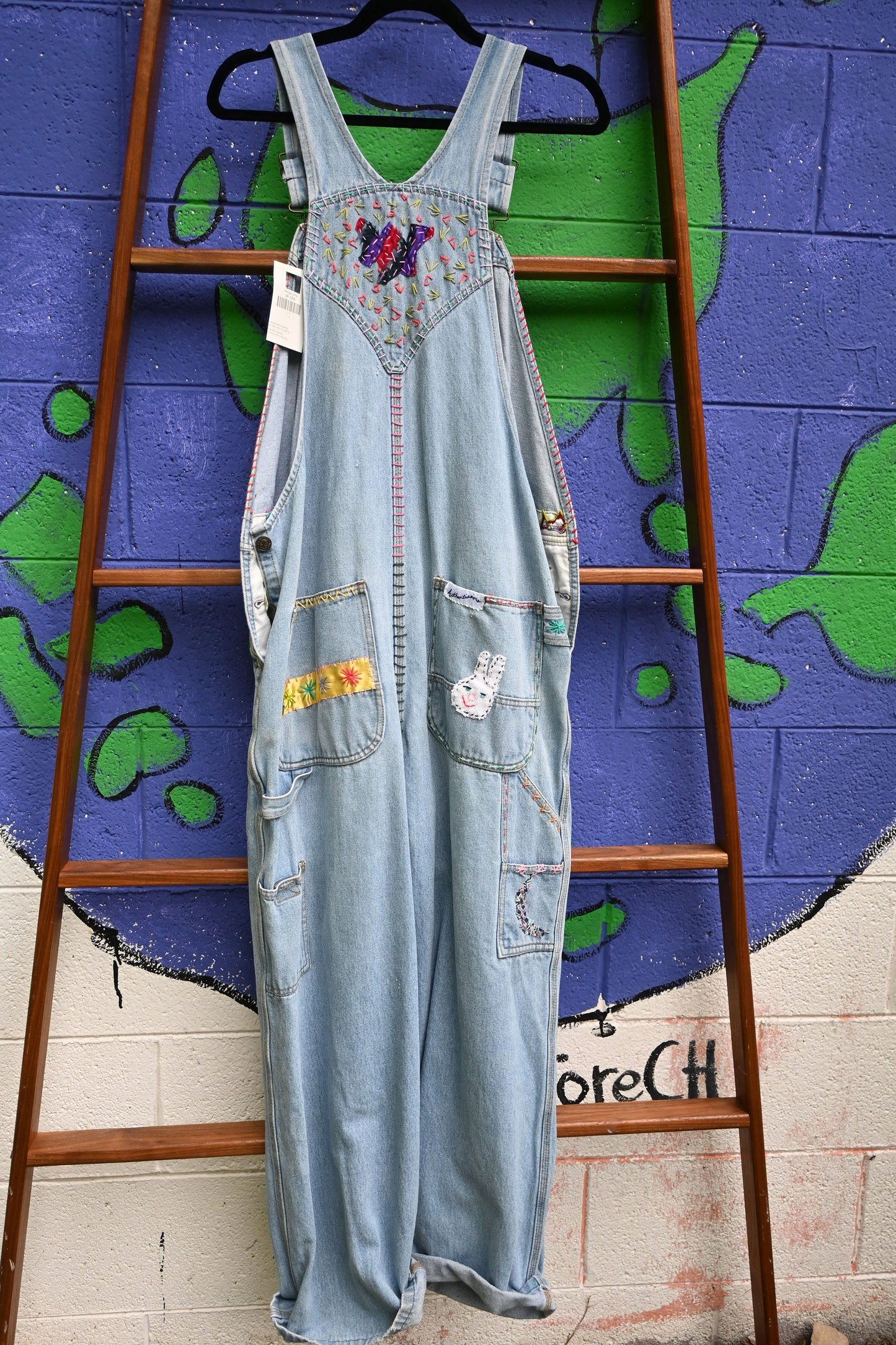 Tripp's Store / Vintage OOAK embellished light wash overalls; One of A Kind / bespoke denim overalls; fun and funky overalls