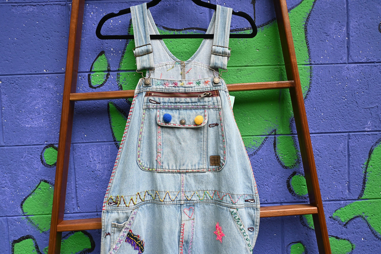 Tripp's Store / Vintage OOAK embellished light wash overalls; One of A Kind / bespoke denim overalls; fun and funky overalls