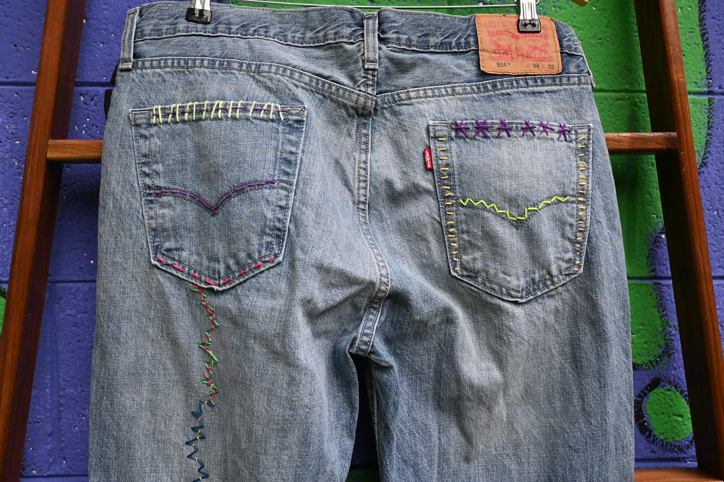 Tripp's Store / Levi's bespoke art jeans; OOAK art jeans; embellished jeans; boot cut jeans; hand-stitched jeans