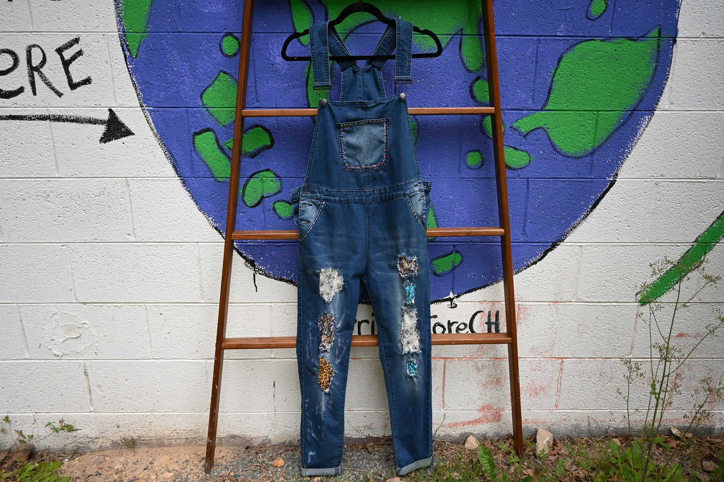Tripp's Store / Overalls / Patchwork Dark Wash Denim Jean Stretch Stitched Bib Overalls / Women's Stretchy Boho Bib Overalls