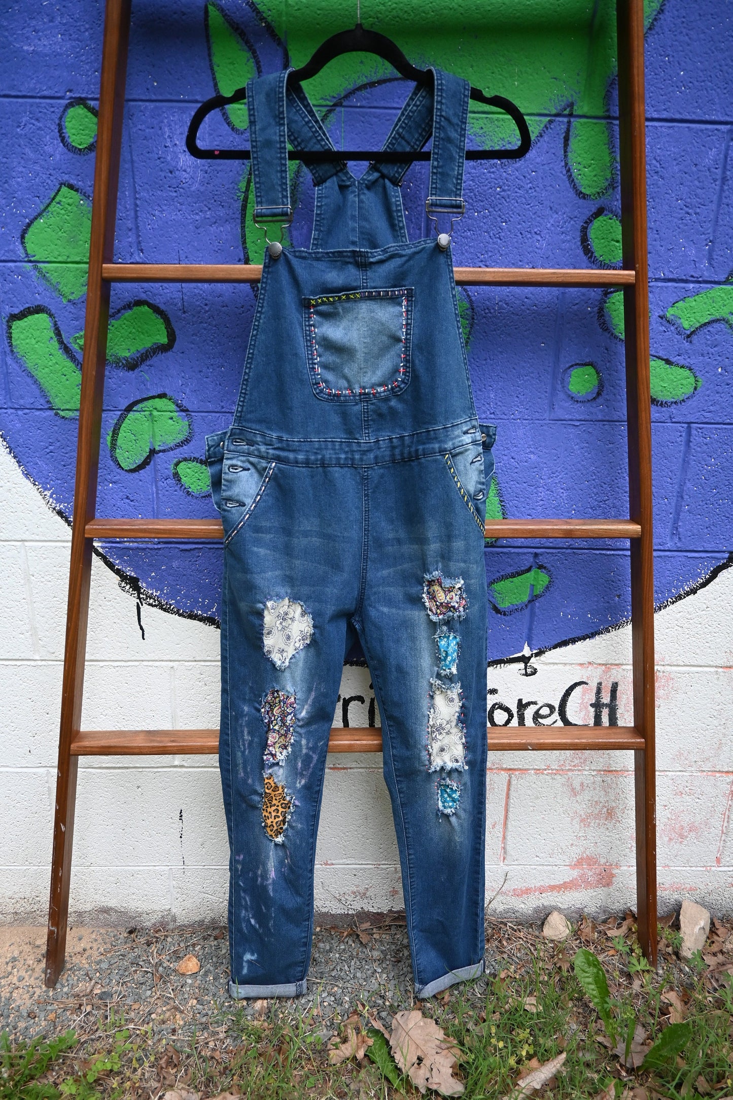 Tripp's Store / Overalls / Patchwork Dark Wash Denim Jean Stretch Stitched Bib Overalls / Women's Stretchy Boho Bib Overalls
